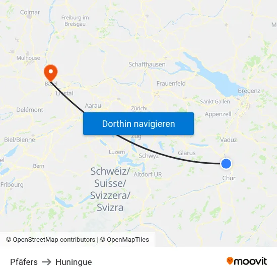 Pfäfers to Huningue map