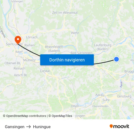 Gansingen to Huningue map