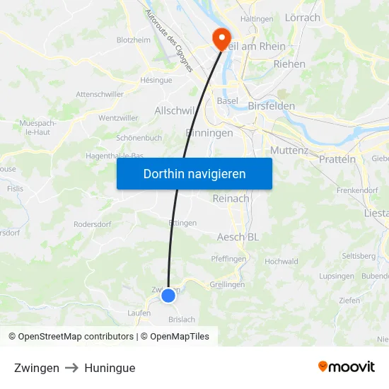 Zwingen to Huningue map