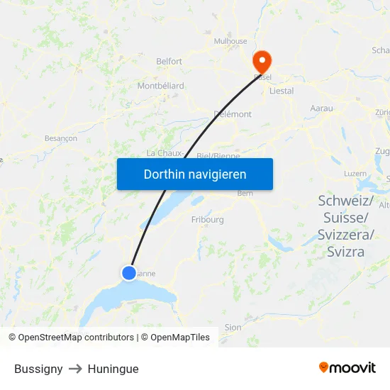 Bussigny to Huningue map