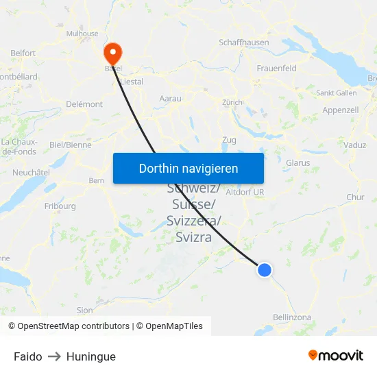 Faido to Huningue map