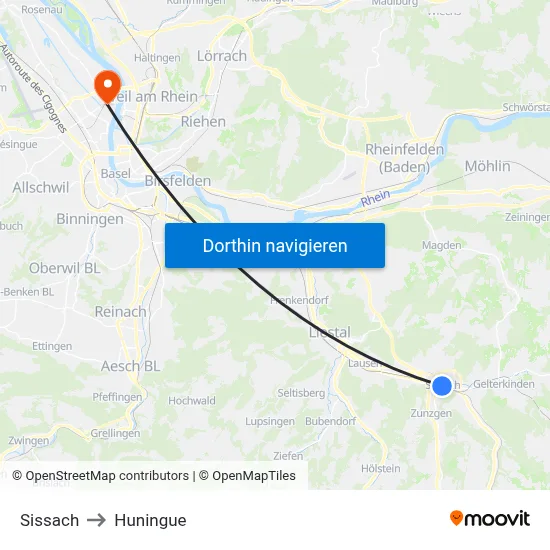 Sissach to Huningue map
