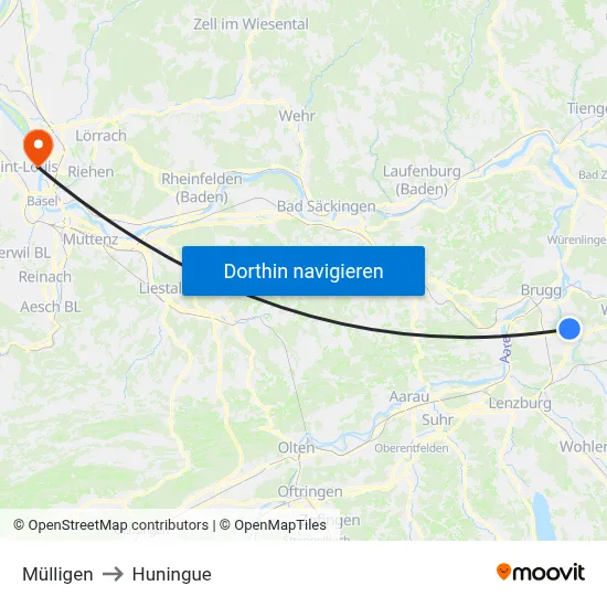 Mülligen to Huningue map