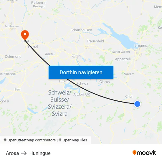 Arosa to Huningue map