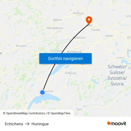 Echichens to Huningue map