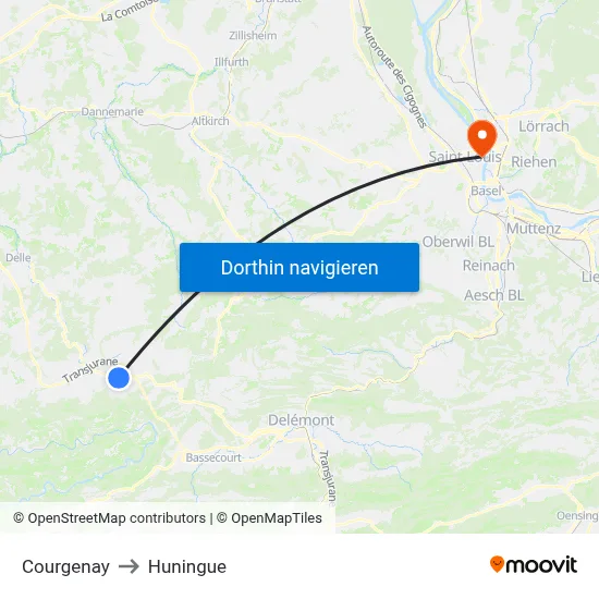 Courgenay to Huningue map