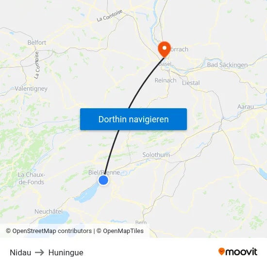 Nidau to Huningue map
