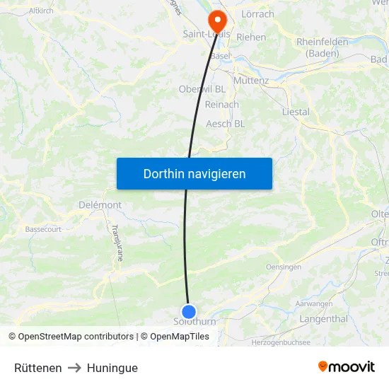 Rüttenen to Huningue map