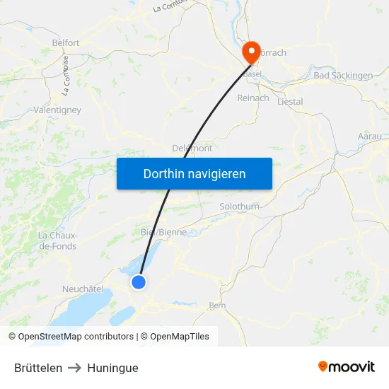 Brüttelen to Huningue map