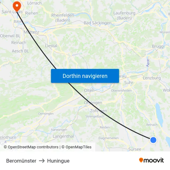 Beromünster to Huningue map