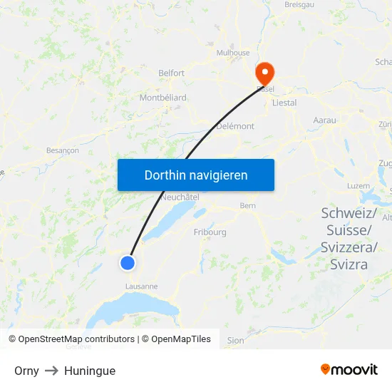 Orny to Huningue map