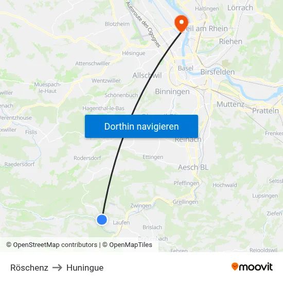 Röschenz to Huningue map