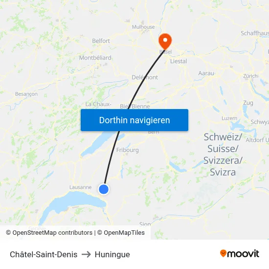 Châtel-Saint-Denis to Huningue map