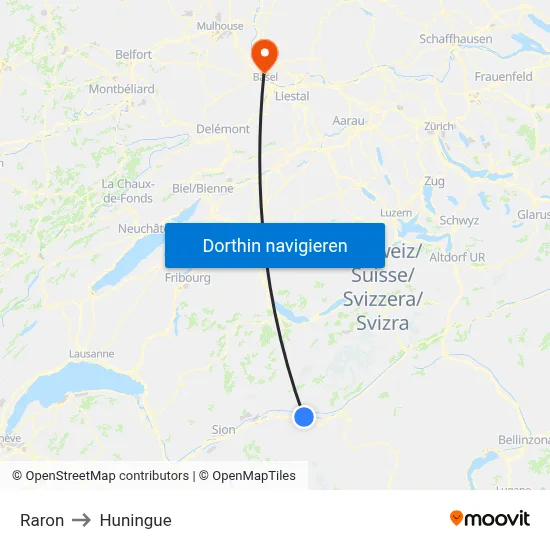 Raron to Huningue map