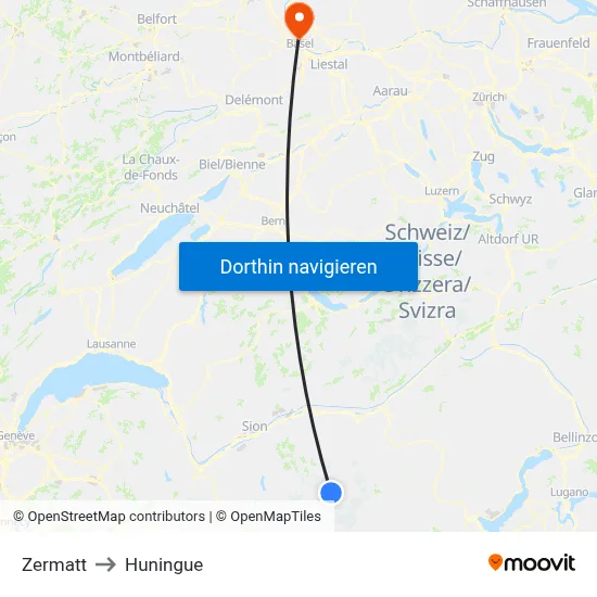 Zermatt to Huningue map