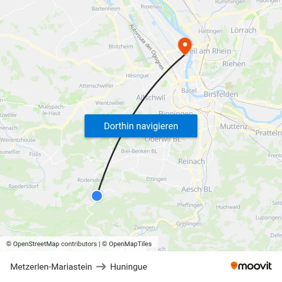 Metzerlen-Mariastein to Huningue map