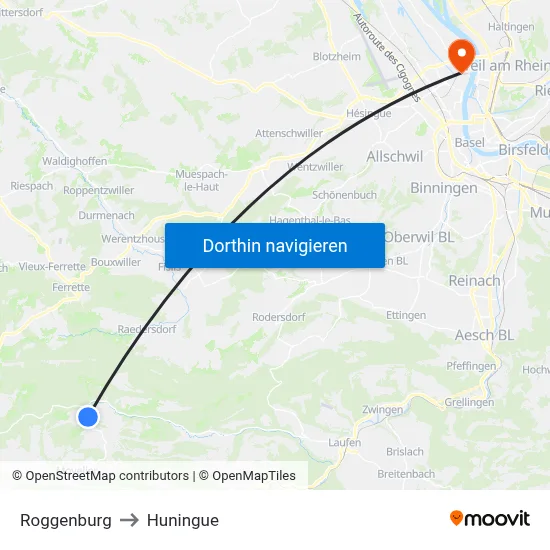 Roggenburg to Huningue map
