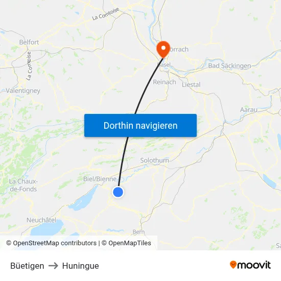 Büetigen to Huningue map