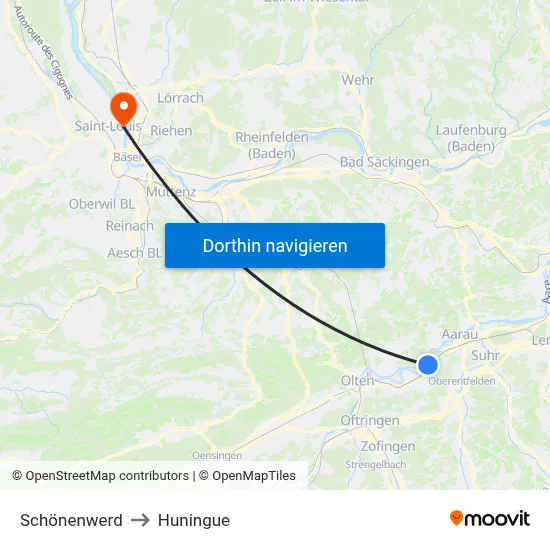 Schönenwerd to Huningue map