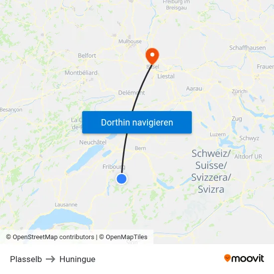 Plasselb to Huningue map