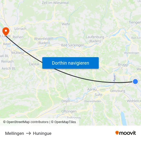 Mellingen to Huningue map