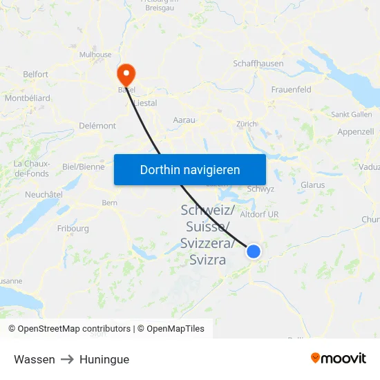 Wassen to Huningue map