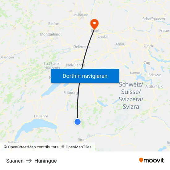 Saanen to Huningue map