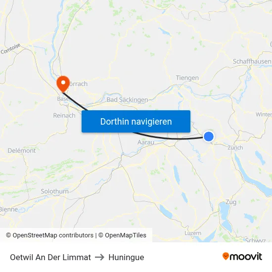Oetwil An Der Limmat to Huningue map