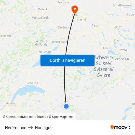 Hérémence to Huningue map