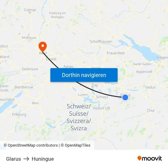 Glarus to Huningue map