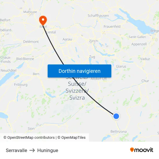 Serravalle to Huningue map