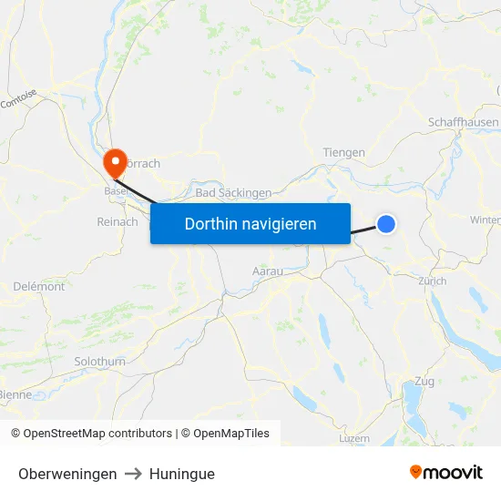 Oberweningen to Huningue map