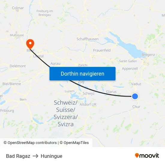 Bad Ragaz to Huningue map