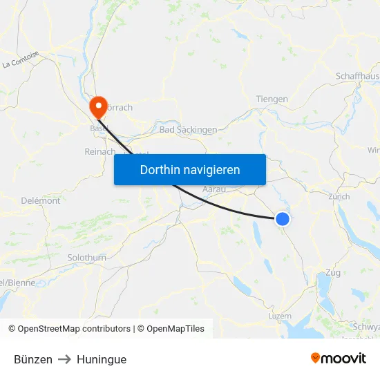 Bünzen to Huningue map