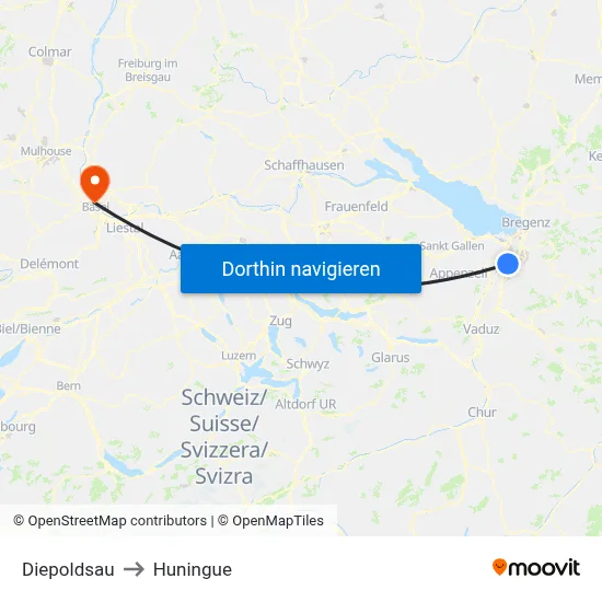 Diepoldsau to Huningue map