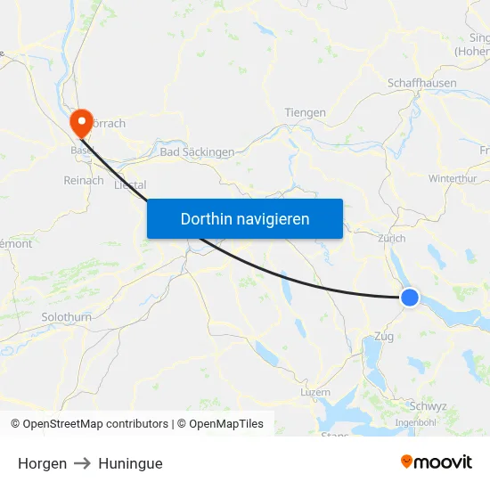 Horgen to Huningue map