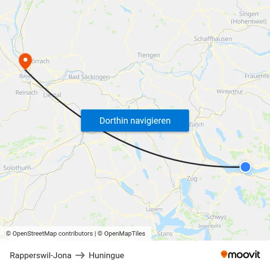 Rapperswil-Jona to Huningue map