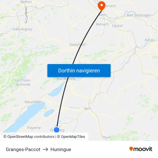 Granges-Paccot to Huningue map