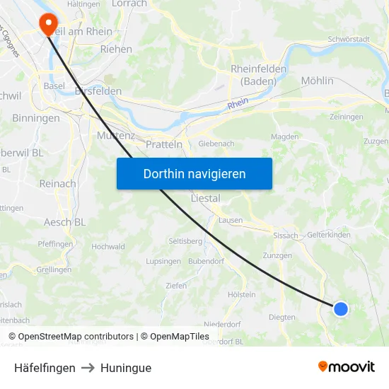 Häfelfingen to Huningue map