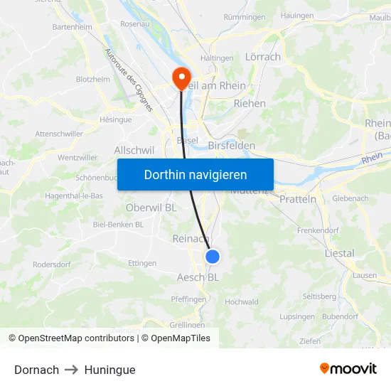 Dornach to Huningue map