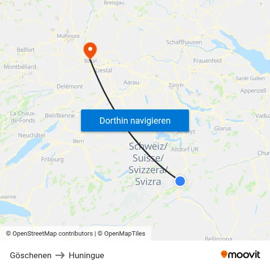 Göschenen to Huningue map
