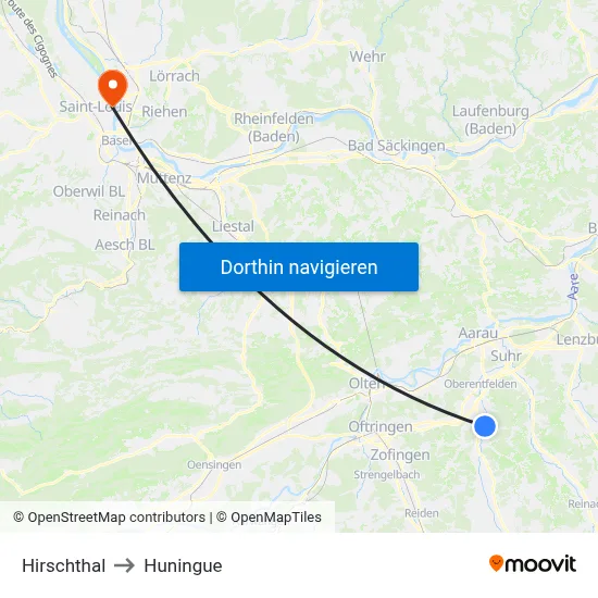 Hirschthal to Huningue map