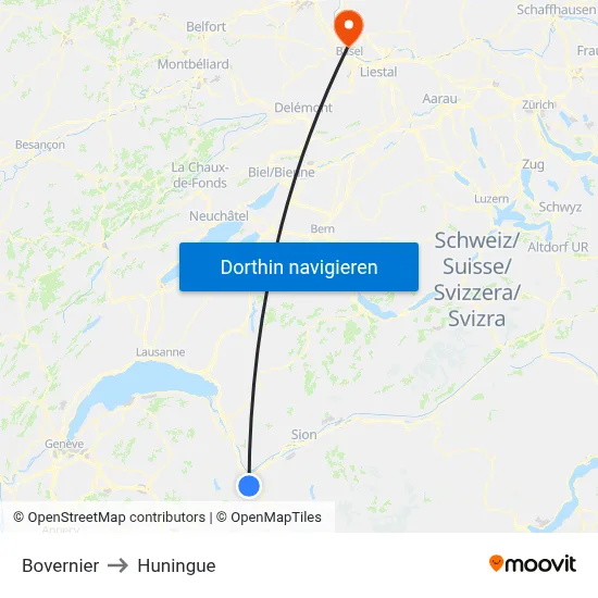 Bovernier to Huningue map