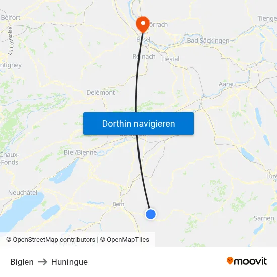 Biglen to Huningue map