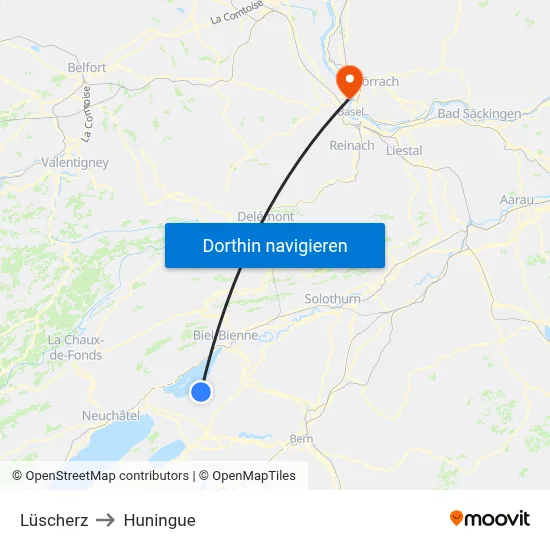 Lüscherz to Huningue map