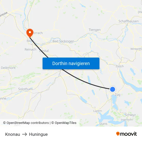 Knonau to Huningue map
