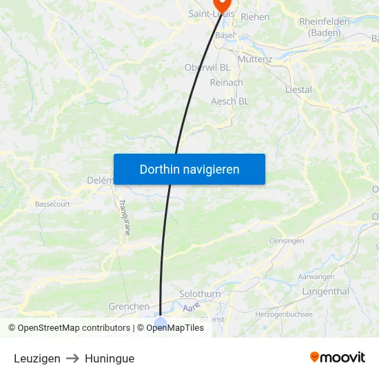 Leuzigen to Huningue map