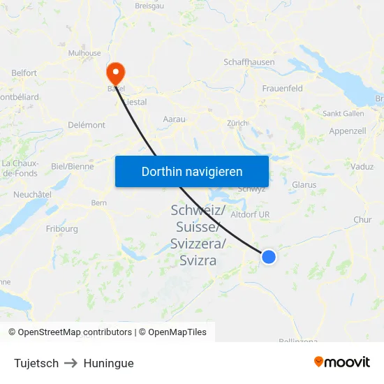 Tujetsch to Huningue map