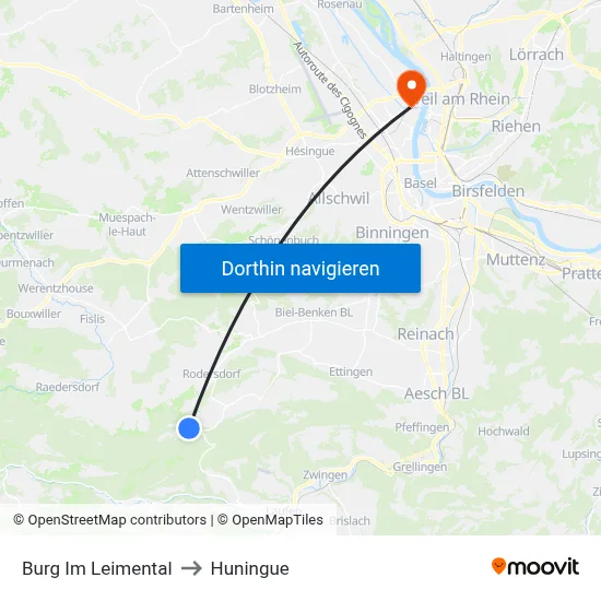 Burg Im Leimental to Huningue map