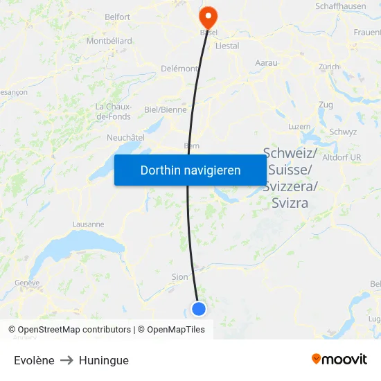 Evolène to Huningue map